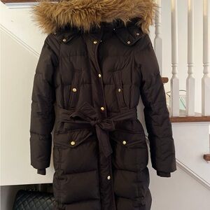 Coat j crew coat jacket fur hood parka black small